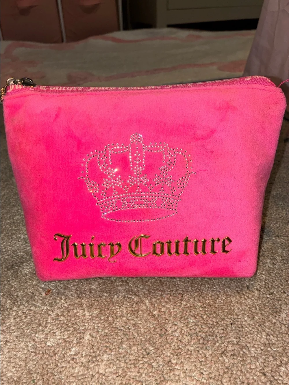 Juicy Couture Hot Pink Velvet Cosmetic Case with Rhinestone Crown